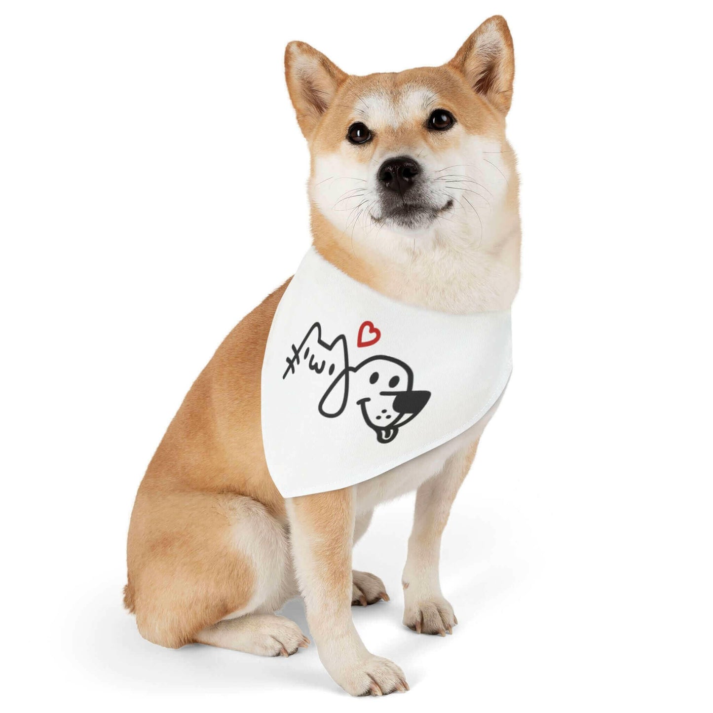 Cute dog wearing a white bandana with adorable cat and dog illustration.