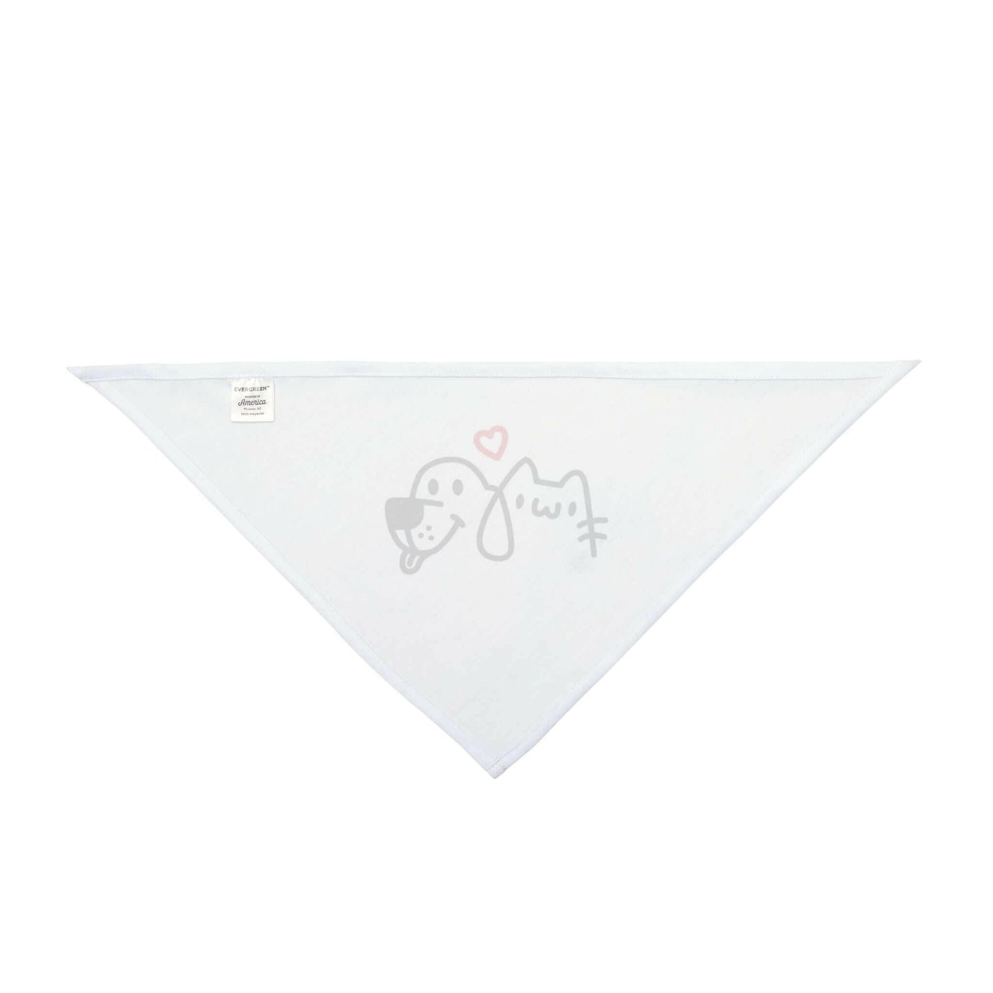 White triangular pet bandana with cute dog and cat line art and a heart.